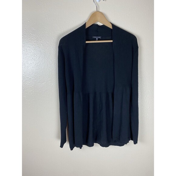 Eileen Fisher Sweaters - Eileen Fisher M Sweater Cardigan Black 100% Wool Ribbed Knit Open Front Capsule